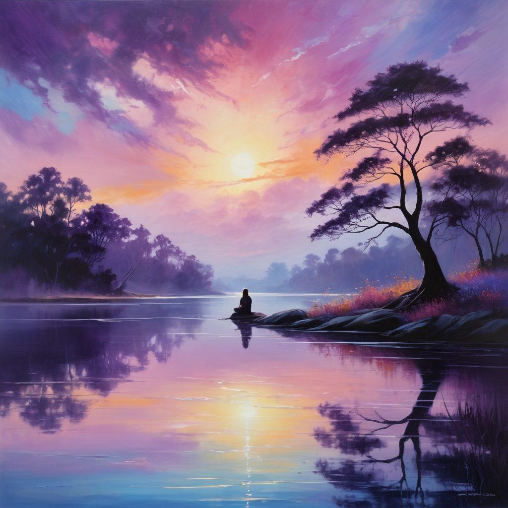 A serene landscape at dusk, featuring an abstract silhouette of a person sitting by a tranquil lake, their reflection merging with dark, swirling shadows. Soft rays of light break through the clouds, symbolizing hope amidst the darkness, with ethereal touches of purple and blue hues. The scene evokes a sense of introspection and healing journey. painting. vibrant colors. soft focus.