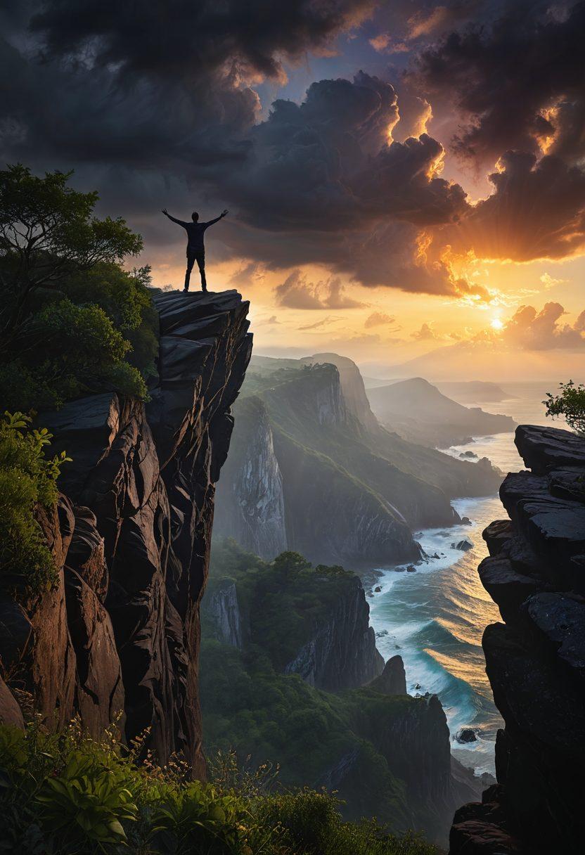 A silhouette of a person standing on a rocky cliff, arms outstretched towards a radiant sunrise breaking through dark storm clouds, symbolizing hope and transformation. The landscape features lush greenery below and rugged terrain, embodying the journey from despair to light. Ethereal sparkles of light surround the figure, highlighting the theme of healing and wholeness. super-realistic. vibrant colors. dramatic lighting.